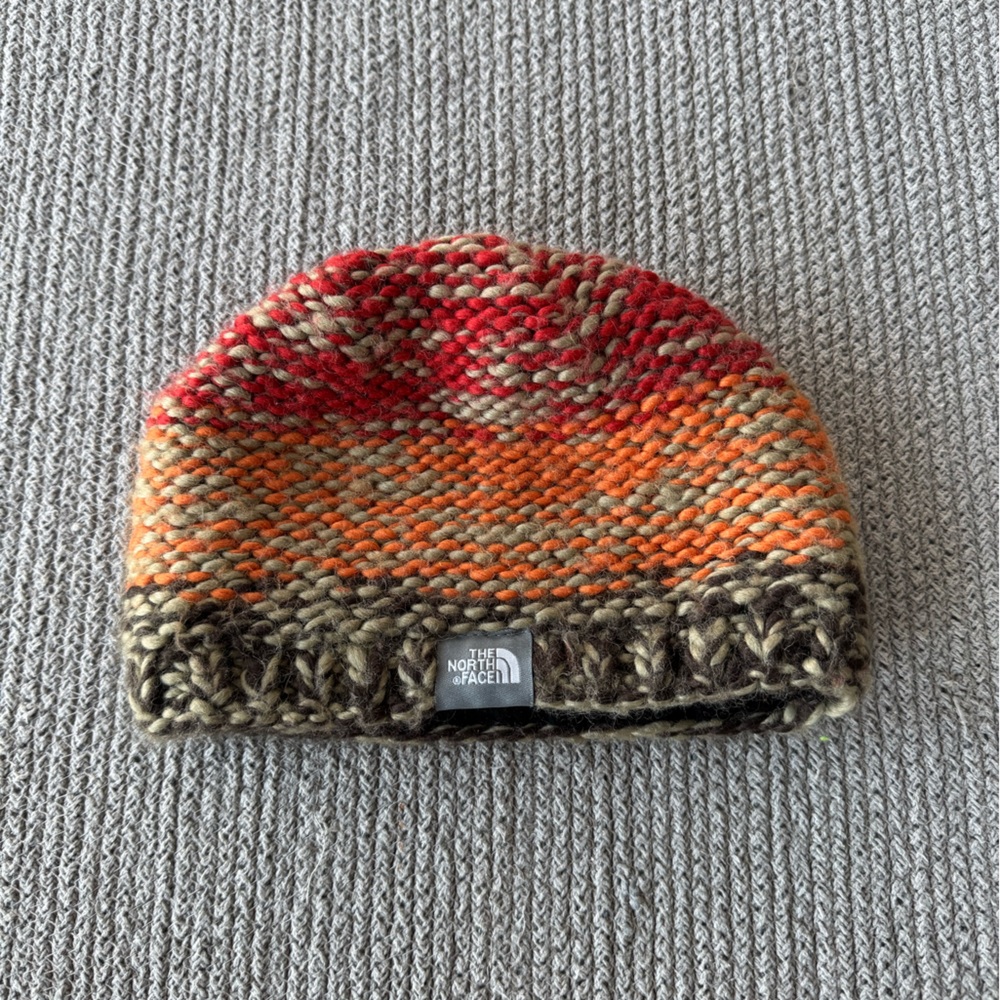 The North Face Red Orange Stripe Beanie Knit Hat Fleece Lining